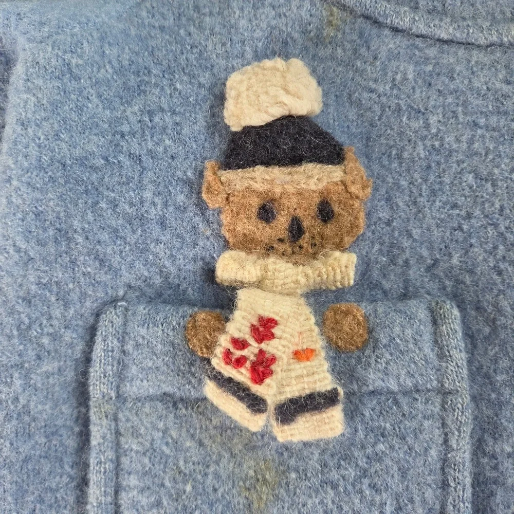 Giesswein Boiled Wool Jacket Baby Size 9-12 Month Blue Teddy Bear Hooded Austria